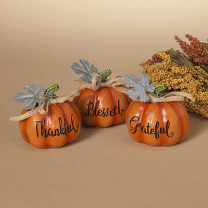 3.5-Inch Orange Pumpkin Figurines with Silver Metal Leaf, Burlap Bow, and Fall Thanksgiving Sayings, Set of 3