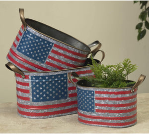 Set of 3 Oval Nesting American Flag Decorative Metal Buckets – Indoor Outdoor 4th of July Country Decoration – Patriotic Home and Garden Decor