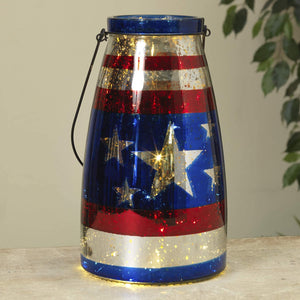 Lighted Americana Mercury Glass LED Lantern with Handle and Timer – Hanging 4th of July Candle Holder Decoration – Patriotic Red White and Blue Home Decor