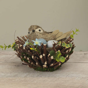 Handcrafted Sisal Bird Figurine in Twig Nest with Blue Eggs and Floral Accents - Tabletop Easter Decoration - Spring Home Decor