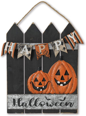 Rustic Wood Fence with Pumpkins Happy Halloween Sign – Hanging Halloween Decoration
