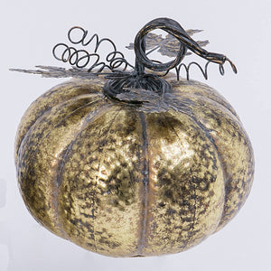 10-Inch Rustic Gold Metal Short Decorative Harvest Fall Pumpkin Figurine with Leaf and Vine Accents