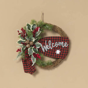 Orchid & Ivy 19-Inch Rustic Holiday Holly, Berries, and Bells Twig Wreath Welcome Sign – Country Christmas Front Door Decoration – Winter Farmhouse Home Decor for Mantle, Porch, or Entryway