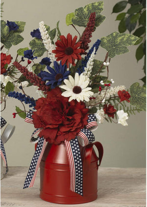 Patriotic Red Metal Vase with 15-Inch Red White and Blue Flower Arrangement and American Flag Bow – 4th of July Farmhouse Tabletop Decoration – Rustic Americana Home Decor