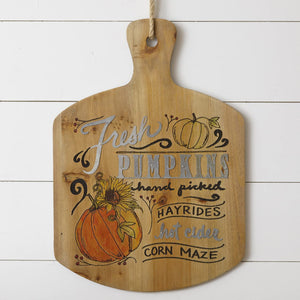 Wood Decorative Fall Cutting Board Sign "Fresh Pumpkins" Wall Art with Metal Accents