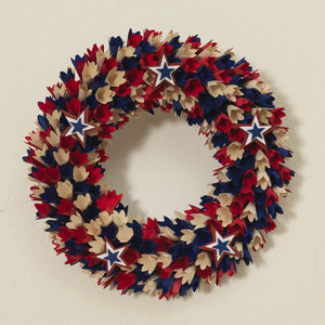 17-Inch Rustic Americana Red White and Blue Wood Curl Floral Wreath with Star Accents – Patriotic Front Door Decoration – Indoor Outdoor 4th of July Home Decor