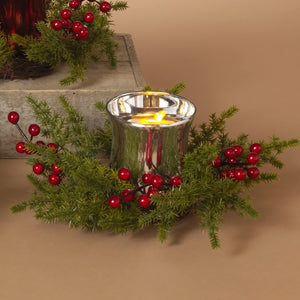 10-Inch Rustic Christmas Faux Pine and Berry Decorative Floral Arrangement with Metallic Silver Glass Votive Candle Holder - Xmas Tealight Table Decoration - Winter Tabletop Home Decor