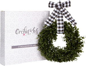 Orchid & Ivy 18-Inch Green Artificial Boxwood Wreath with Black/White Plaid Hanging Ribbon - Outdoor Indoor All-Weather Farmhouse Decor Front Door Wall Hanging Christmas Decoration