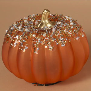 7-Inch Elegant Beaded Orange Glass Decorative Fall Faux Pumpkin Figurine