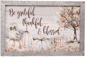 Rustic Fall Scene Wooden Wall Art Sign with Galvanized Metal Frame, Pumpkins, Woodland Owl, and Thanksgiving Saying