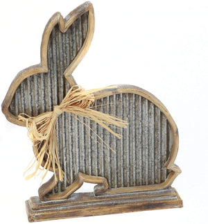 Rustic Wood and Corrugated Metal Bunny Figurine with Bow – Tabletop Easter Spring Decoration Home Decor