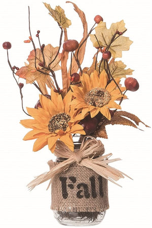 Rustic Artificial Yellow Sunflower Floral Arrangement in Burlap Fall Jar with Mini Pumpkin Accents