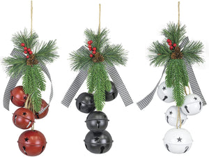14-Inch Christmas Black Sleigh Bell Door Hanger Decoration with Plaid Ribbon, Artificial Pine and Berry Accent – Rustic Indoor Outdoor Decorative Xmas Country Farmhouse Home Decor