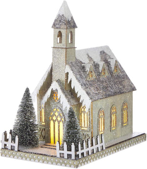 11.5 Inch Rustic Lighted Christmas Church Decoration – Tabletop Decorative Holiday Home Decor with Timer