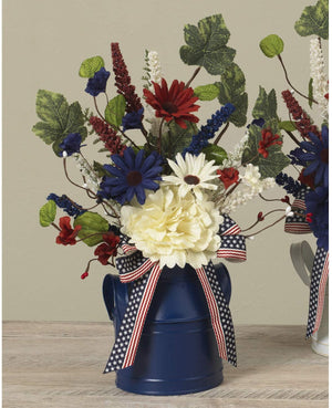 Patriotic Blue Metal Vase with 15-Inch Red White and Blue Flower Arrangement and American Flag Bow – 4th of July Tabletop Decoration – Rustic Americana Home Decor