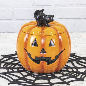 7-Inch Ceramic Orange Jack-o-Lantern Halloween Cookie Jar or Candy Dish with Black Cat Lid