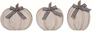 Rustic Set of 3 Decorative White Wood Fall Farmhouse Pumpkins with Black and White Checkered Plaid Bows