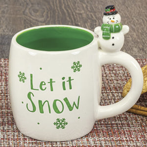 Ceramic Green Decorative Christmas Coffee Mug Tea Cup with Snowman Handle and Let It Snow Saying - Xmas Tabletop Countertop Decoration - Home and Kitchen Decor Party Tableware