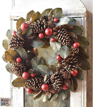 24-Inch Elegant Red Christmas Ornament Faux Magnolia Front Door Wreath with Rustic Gold Tipped Pine Cones - Indoor Outdoor Decorative Shatterproof Ball Festive Xmas Holiday Home Decor