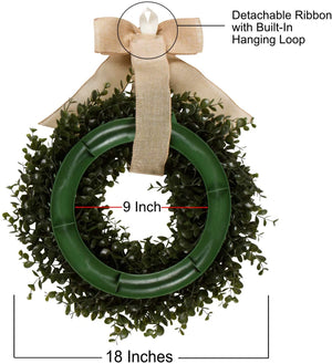 Orchid & Ivy 18-Inch Green Artificial Boxwood Wreath with Burlap Hanging Ribbon - Outdoor Indoor All-Weather Farmhouse Decor Front Door Wall Hanging Christmas Decoration
