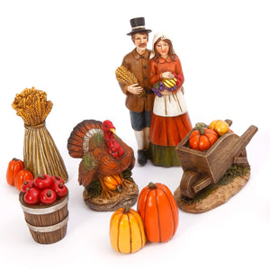 Six Piece Vintage Box Set of Pilgrim Fall Harvest Figurines – Tabletop Thanksgiving Decoration