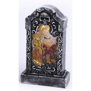 Spooky Light Up Animated Tombstone Water Globe with Spinning Halloween Figures – Tabletop Halloween Decoration (Haunted House)