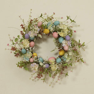 22-Inch Mixed Flower Speckled Easter Egg Wreath - Spring Front Door Decoration - Indoor Outdoor Hanging Home Decor