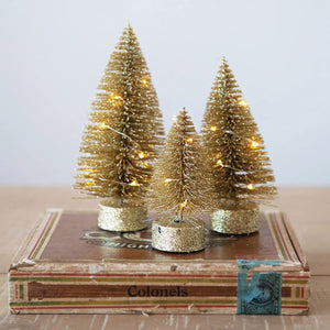 Set of 3 LED Light Up Decorative Gold Bottle Brush Christmas Trees 4-Inch, 5-Inch, and 6-Inch with Glitter Finish - Elegant Table Desk Mantel Decoration - Small Party Home Decor