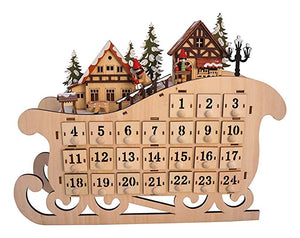 LED Lighted Wooden Bavarian Sleigh Advent Calendar - Christmas Decoration with 24 Storage Drawers