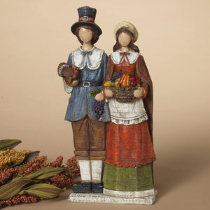Vintage 12-Inch Decorative Pilgrim Couple Figurine - Wood-Look Thanksgiving Centerpiece