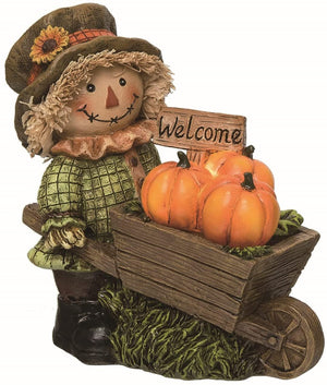 LED Lighted Decorative Fall Man Scarecrow Figurine with Pumpkin Wheelbarrow and Welcome Sign