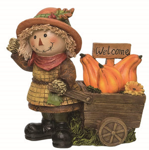 LED Lighted Fall Woman Scarecrow Figurine with Pumpkin Wheelbarrow and Welcome Sign