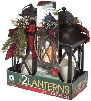 Set of 2 10.5-Inch Rustic Metal Lighted Holiday Lantern Candle Holders with Greenery and Ribbon Accents and Timer – Hanging or Tabletop LED Christmas Decoration – Indoor Outdoor Winter Home Decor