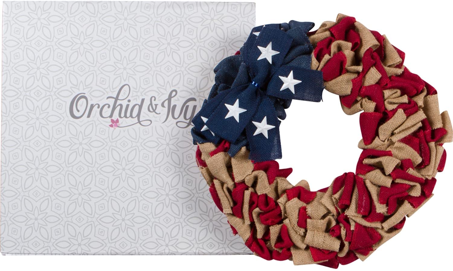 20-Inch Rustic Red White and Blue Patriotic Burlap Fabric Front Door Wreath with Metal Star Bow – Country Americana Decoration – Indoor Outdoor 4th of July Home Decor
