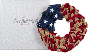 20-Inch Rustic Red White and Blue Patriotic Burlap Fabric Front Door Wreath with Metal Star Bow – Country Americana Decoration – Indoor Outdoor 4th of July Home Decor