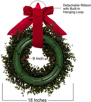 Orchid & Ivy 18-Inch Green Artificial Boxwood Wreath with Red Hanging Ribbon - Outdoor Indoor All-Weather Farmhouse Decor Front Door Wall Hanging Christmas Decoration