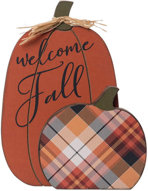 Rustic Orange Wooden Plaid Pumpkin "Welcome Fall" Tabletop Sign
