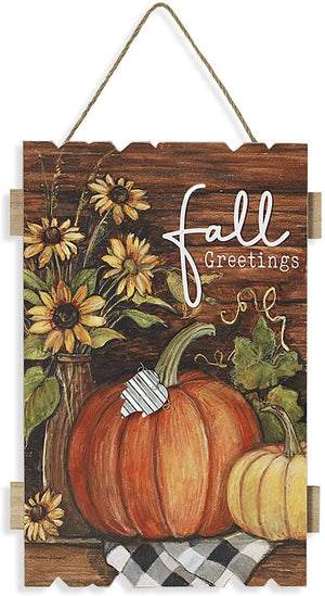 19-Inch Wooden Fall Greetings Pumpkin Sign Wall Art with Corrugated Metal Leaf