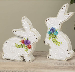 Set of 2 Rustic White Easter Bunny Figurines with Embossed Design and Floral Accents - Tabletop Rabbit Decoration - Spring Home Decor