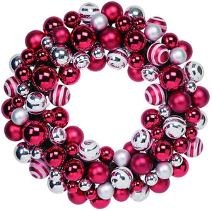 Orchid & Ivy 18-Inch Modern Red and Silver Ball Ornament Christmas Wreath – Hanging Holiday Front Door Decoration – Indoor Outdoor Winter Home Decor