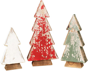 14-inch Set of 3 Rustic Wooden Tabletop Christmas Pine Tree Figurines w/ Distressed Finish – Decorative Wood Cut Table Mantel Shelf Decoration – Small Farmhouse Winter Xmas Home Decor