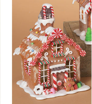 7-Inch Light Up Faux Gingerbread Cottage House w/Peppermint Candy Accents - LED Lighted Xmas Home Decor Figurine - Christmas Village Decoration for Mantel, Tabletop, Desk