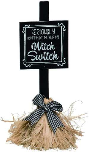 Whimsical Witch Broom Halloween Sign – Tabletop Halloween Decoration (Witch Switch)