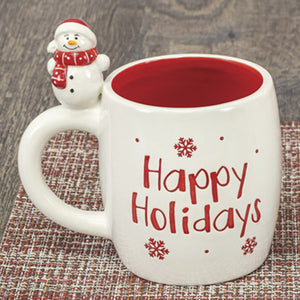 Ceramic Red Decorative Christmas Coffee Mug Tea Cup with Snowman Handle and Happy Holidays Saying - Xmas Tabletop Countertop Decoration - Home and Kitchen Decor Party Tableware