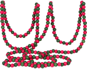 Vintage Style Red and Green Wood Bead Garland Christmas Tree Holiday Decoration, 9 Feet