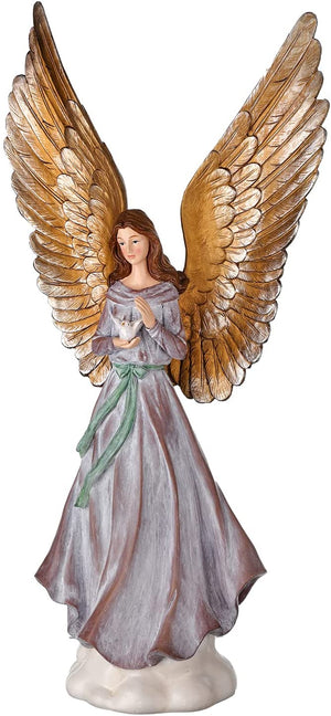 20-Inch Large Elegant Christmas Angel Figurine Holding Bird Decoration w/ Gold Wings and Cloud Base – Decorative Table Mantel Shelf Traditional Figure Winter Home Decor Statue