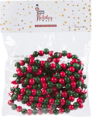 Vintage Style Red and Green Wood Bead Garland Christmas Tree Holiday Decoration, 9 Feet