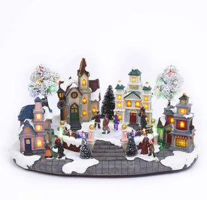 Animated Musical Christmas Village Town Square with Lights and Rotating Tree - Animated Holiday Decoration