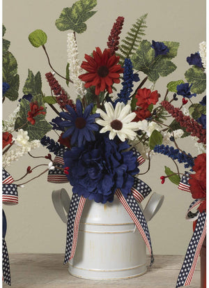 Patriotic White Metal Vase with 15-Inch Red White and Blue Flower Arrangement and American Flag Bow – 4th of July Tabletop Decoration – Rustic Americana Home Decor