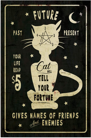 Vintage Metal Spooky Black Cat Fortune Teller Sign – Halloween Wall Art Psychic Decor